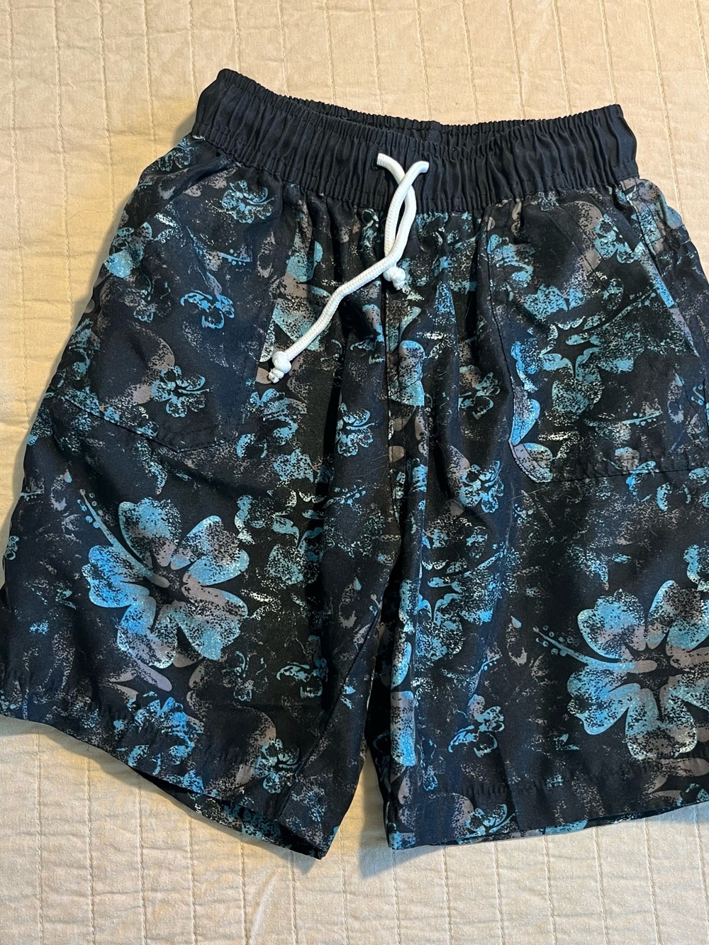 Kids Black Swim Trunks with Blue Floral Print and Drawstring